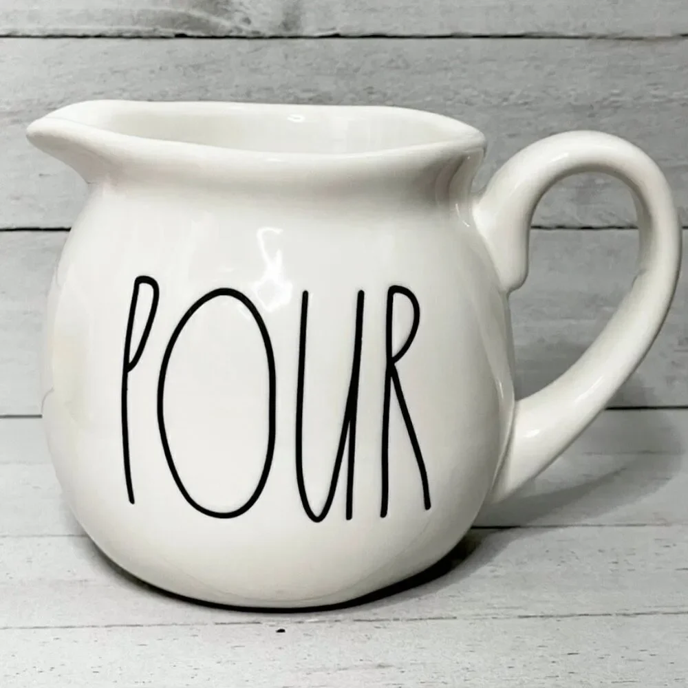 NWT Gorgeous Rae Dunn White Ceramic & Black Letters POUR Ceramic Creamer Pitcher
